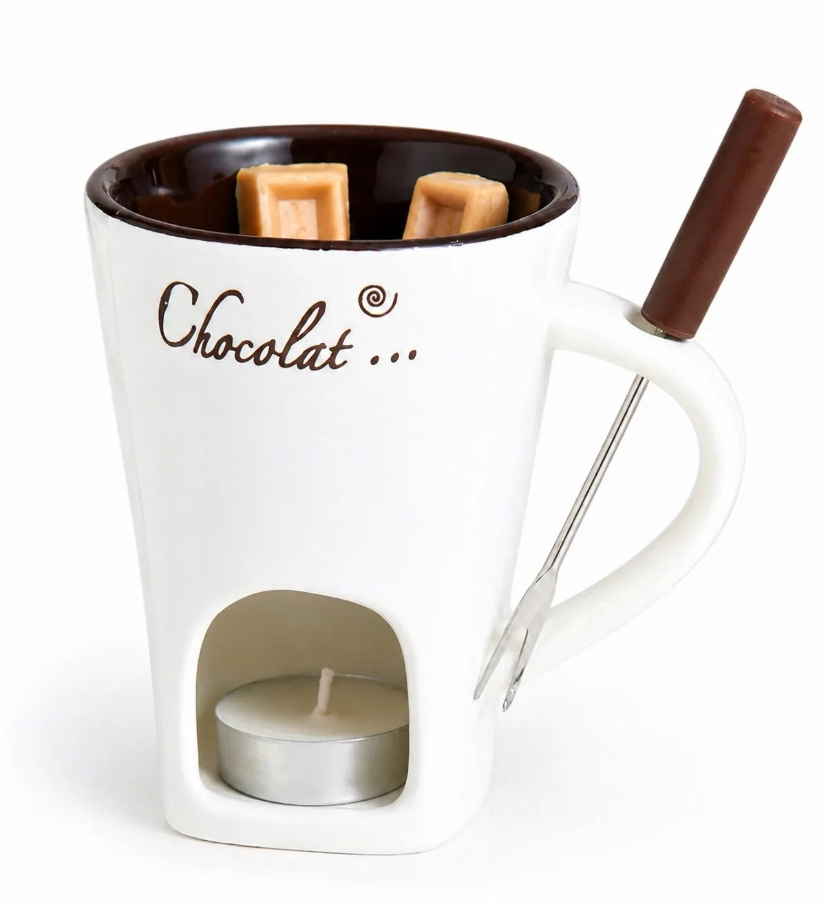 Biały kubek fondue z widelczykiem