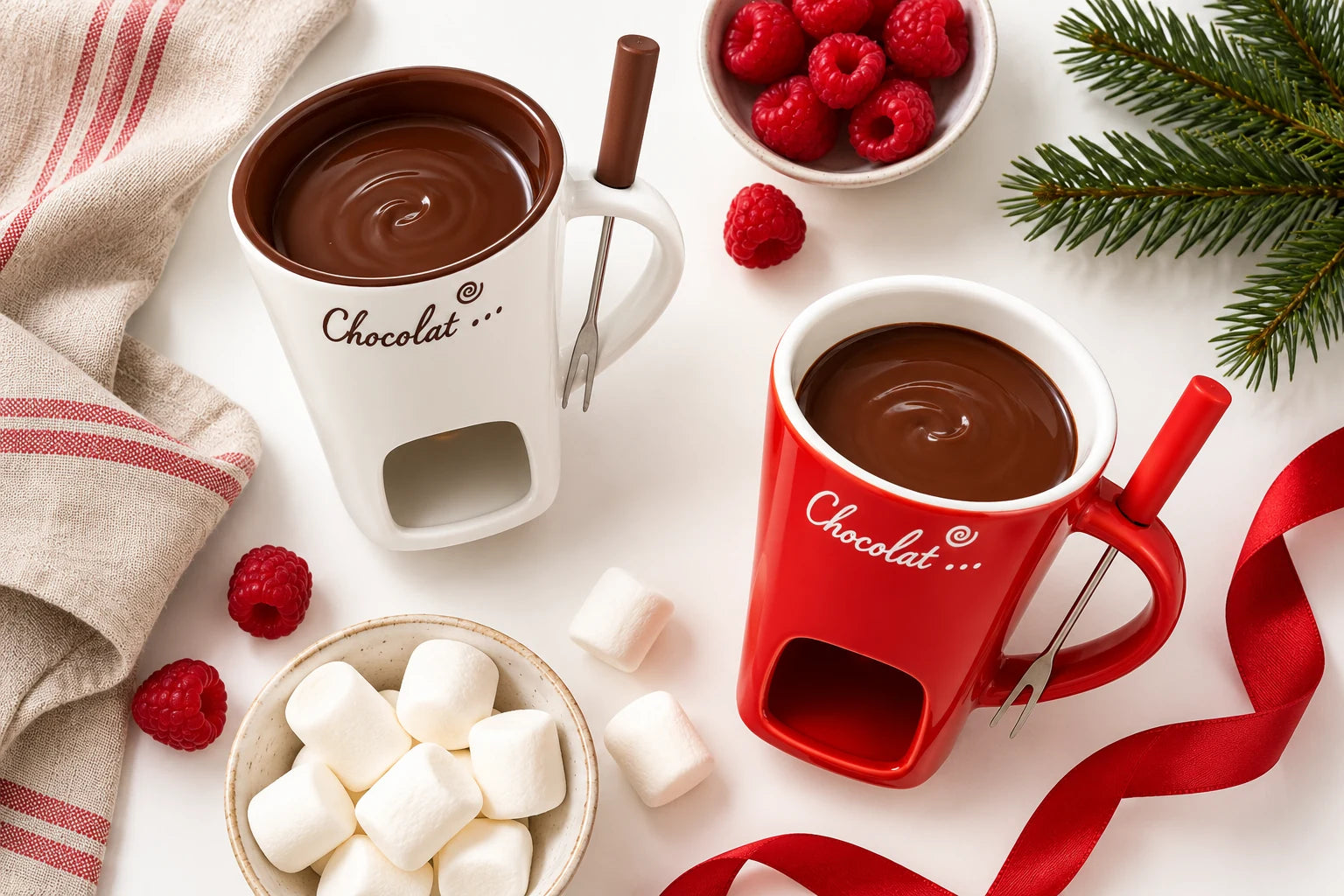 Czerwone i białe fondue oraz dodatki do deseru, widok z góry