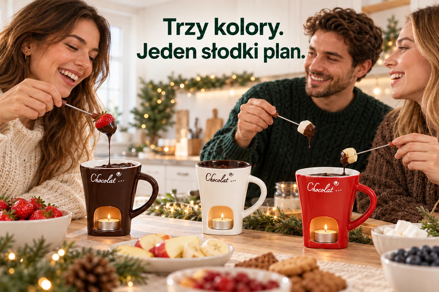 Trzy osoby przy deserze z trzema kolorami kubków fondue. Napis: Trzy kolory. Jeden słodki plan.